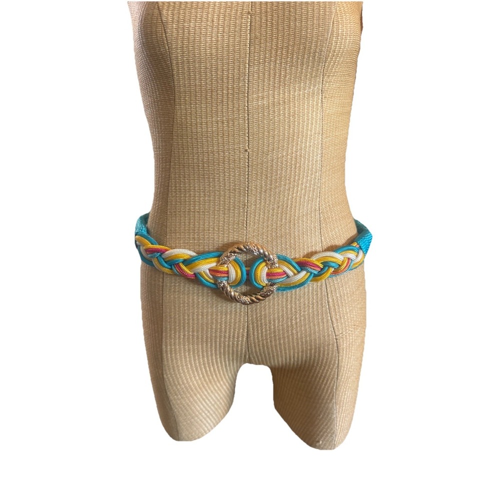 Vintage 80s 90s Turquoise Colorful Braided Stretchy Belt Gold Buckle Waist 29-35